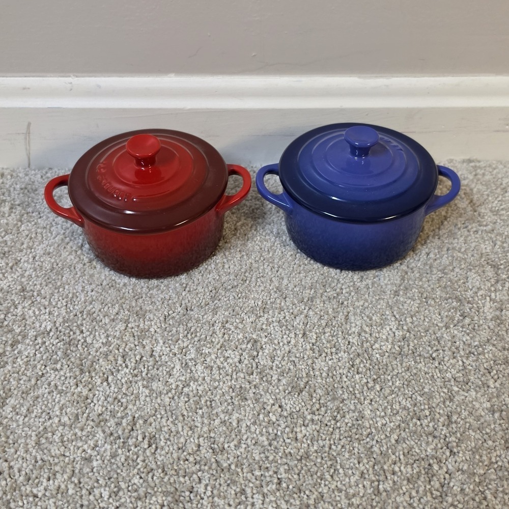 Le Creuset Mini Cocotte Set of 2 Red Blue Stoneware Lidded‎ Bakers 8 oz